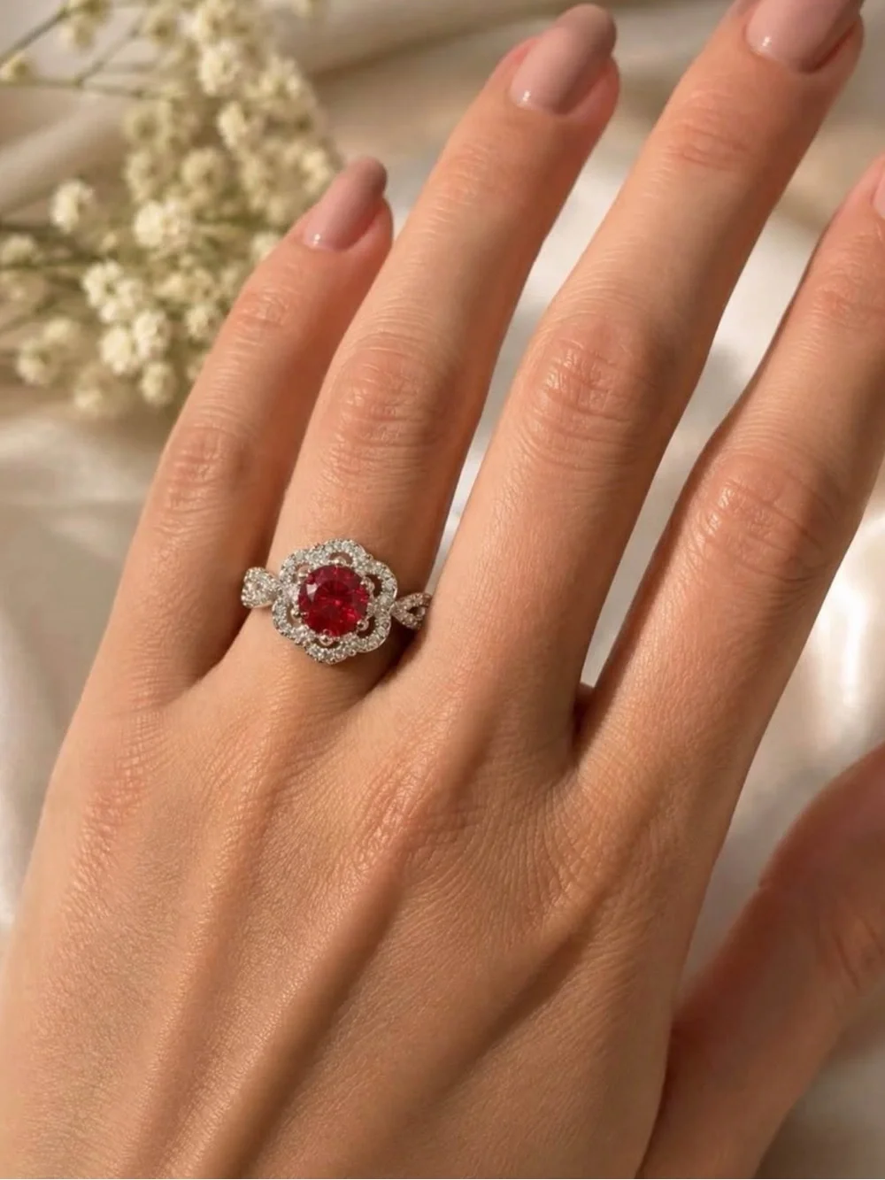1 CT Ruby Red Moissanite 925 Sterling Silver Halo Ring – Size 8 – GRA